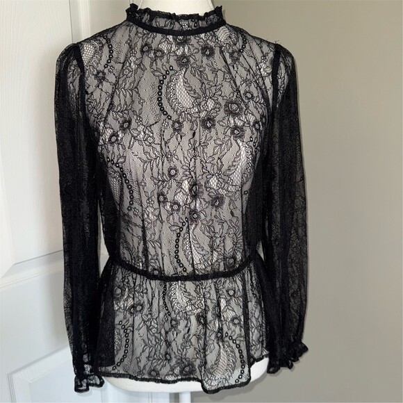Banana Republic Tops - Banana Republic Blouse Womens M Petite Black Sheer Floral Lace High Neck Goth